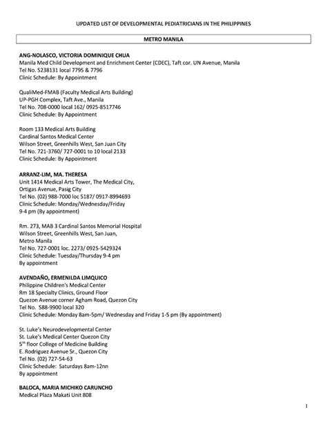 list of developmental pediatrician in cavite